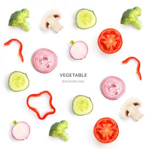 Seamless pattern with mushroom champignon, tomato, cucumber, radish, broccoli, pepper. Vegetables abstract background. Champignon, tomato, cucumber, radish, broccoli, pepper on the white background.
