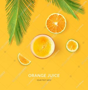 Creative layout made of orange juice. Flat lay. Food concept. Orange juice and fruits on yellow background.