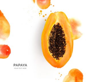 Creative layout made of papaya on the watercolor background.. Flat lay. Food concept