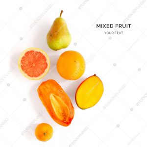 Creative layout made of orange, papaya, grapefruit, mango and pear on white background. Flat lay. Food concept.