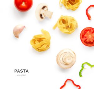 Pattern with pasta, tomato, champignon and pepper. Food abstract background. Pasta and vegetables on the white background.