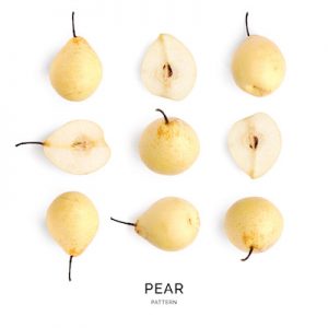 Seamless pattern with pear. Fruit abstract background. Pear on the white background.
