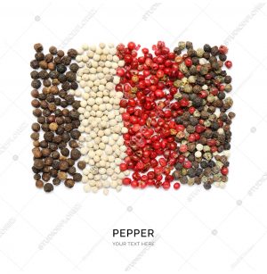 Creative layout made of mix of peppers, black pepper, white pepper and red pepper on white background. Flat lay. Food concept.