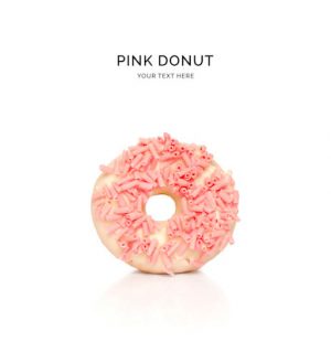 Creative layout made of pink donut on the white background. Flat lay. Food concept. Macro  concept.