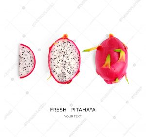 Creative layout made of pitahaya (dragonfruit). Flat lay. Food concept.  Pitahaya (dragonfruit)  on white background.