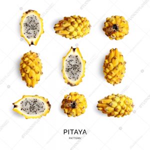 Seamless pattern with pitaya on the white background. Flat lay. Food concept.