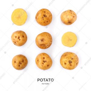 Seamless pattern with potatoes. Vegetables abstract background. Potatoes on the white background.