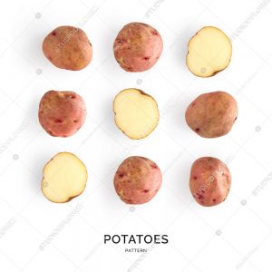 Seamless pattern with potatoes. Vegetables abstract background. Potatoes on the white background.