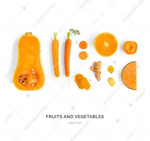 Creative layout made of pumpkin, carrot, orange, melon, apricot and turmeric. Flat lay. Food concept. Orange fruit and vegetables isolated on white background.