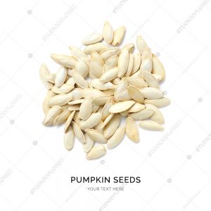 Creative layout made of pumpkin seeds on the white background. Flat lay. Food concept. Macro  concept.