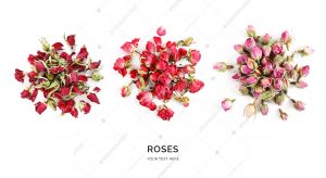Creative layout made of roses isolated on white background. Flat lay. Food concept.