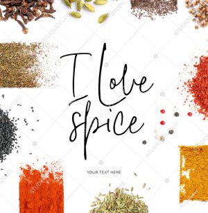 Creative layout made of  quote "I love spice". Food concept. Cardamon, anise, clove, black pepper, chilly and sesame on the white background.