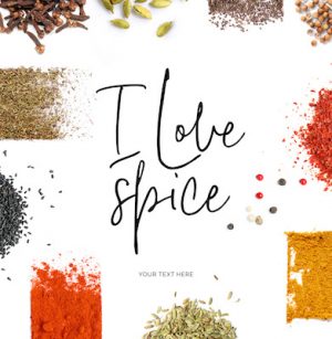 Creative layout made of  quote "I love spice". Food concept. Cardamon, anise, clove, black pepper, chilly and sesame on the white background.