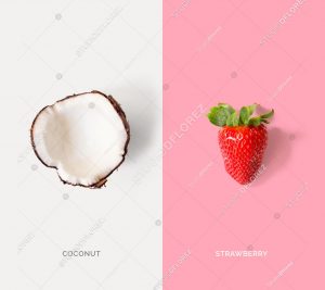 Creative layout made of coconuts and strawberry. Flat lay. Food concept.