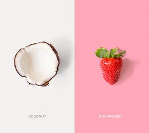 Creative layout made of coconuts and strawberry. Flat lay. Food concept.