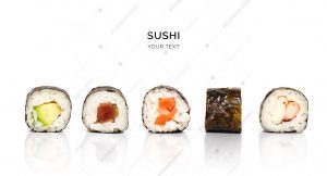 Creative layout made of sushi on white background. Flat lay. Food concept. Macro  concept.