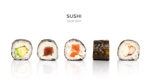 Creative layout made of sushi on white background. Flat lay. Food concept. Macro  concept.