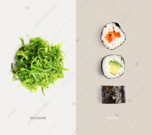 Creative layout made of sushi and wakame. Flat lay. Food concept. Macro  concept.