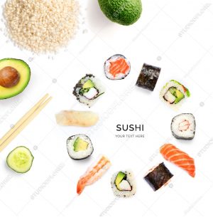 Creative layout made of sushi. Food abstract background. Sushi on the white background.
