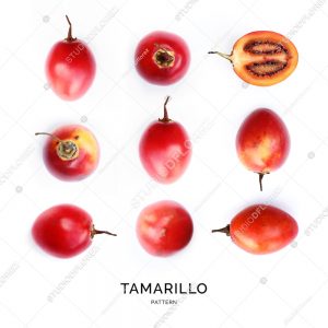 Seamless pattern with tamarillo on the white background. Flat lay. Food concept.