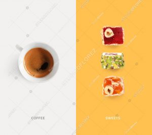 Creative layout made of turkish delights and turkish coffee. Flat lay. Food concept. Macro concept.