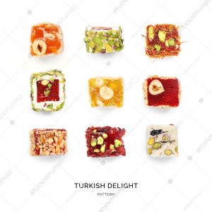 Seamless pattern with lokum. Sweets abstract background. Turkish delights on the white background.