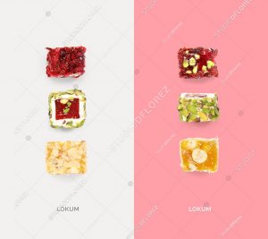 Creative layout made of turkish delights. Flat lay. Food concept. Macro concept.