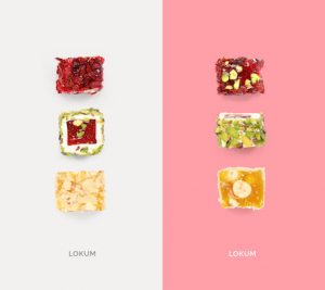 Creative layout made of turkish delights. Flat lay. Food concept. Macro concept.
