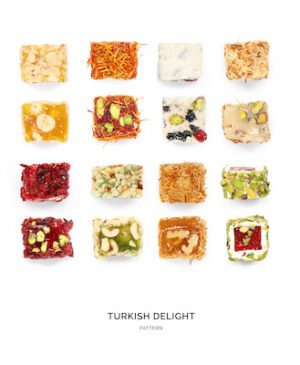 Seamless pattern with lokum. Sweets abstract background. Turkish delights on the white background.