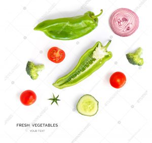 Creative layout made of tomato, onion, broccoli, green pepper, cucumber. Flat lay. Food concept. Vegetables isolated on white background.