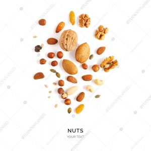 Creative layout made of hazelnut nuts, almonds, walnut, peanut, cashew on white background.Flat lay. Food concept.