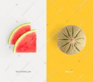 Creative layout made of watermelon and melon. Flat lay. Food concept.