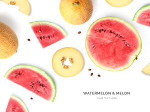 Creative layout made of melon and watermelon on the white background. Flat lay. Food concept. Macro  concept.