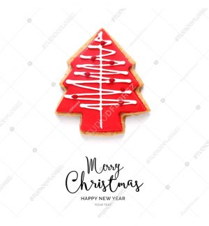 Creative happy new year card made of christmas tree cookie on the white background.  Christmas tree , top view, festive greeting card.