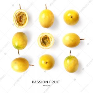 Seamless pattern with passion fruit. Tropical abstract background. Passion fruit on the white background.
