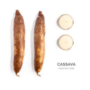 Creative layout made of cassava on the white background. Flat lay. Food concept.
